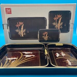 Vintage BF Japan Lacquered Tray Set of 3 - Iris Flower Gold Motif - AS IS